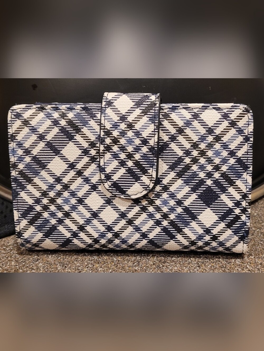 Plaid Snap-Closure Women's Wallet Clutch in White and Navy